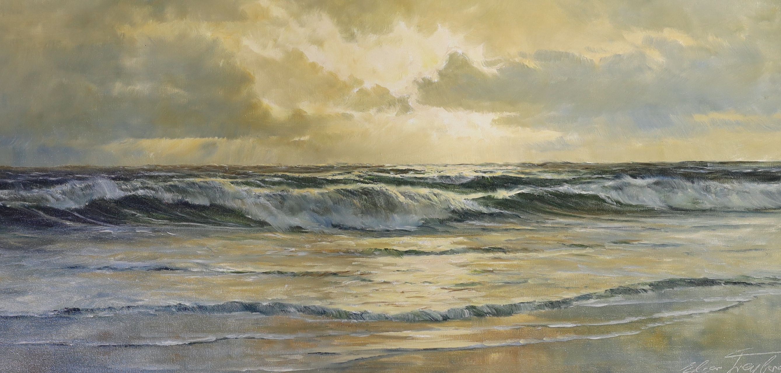 Edgar Freyberg (1927-2017), oil on canvas, Waves breaking on the shore, signed, 40 x 80cm